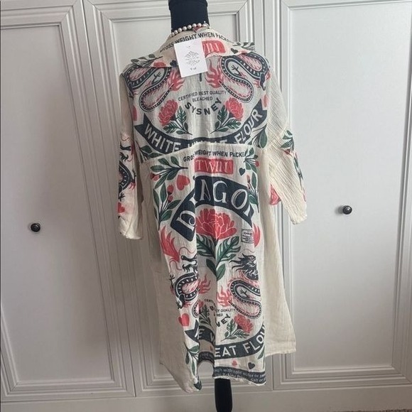 Vintage Sack Dragon Print Cotton Bell Sleeve Dress - Picture 5 of 7